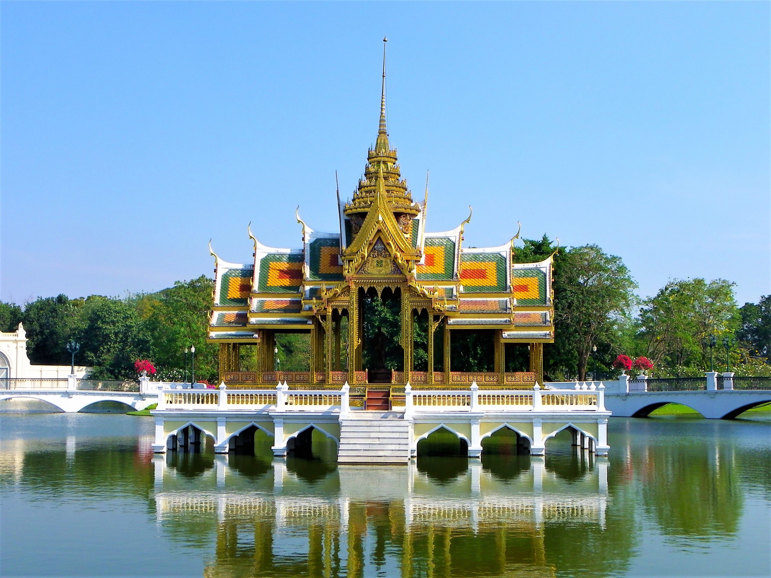 Beautiful temple in front of the water with reflection on the water