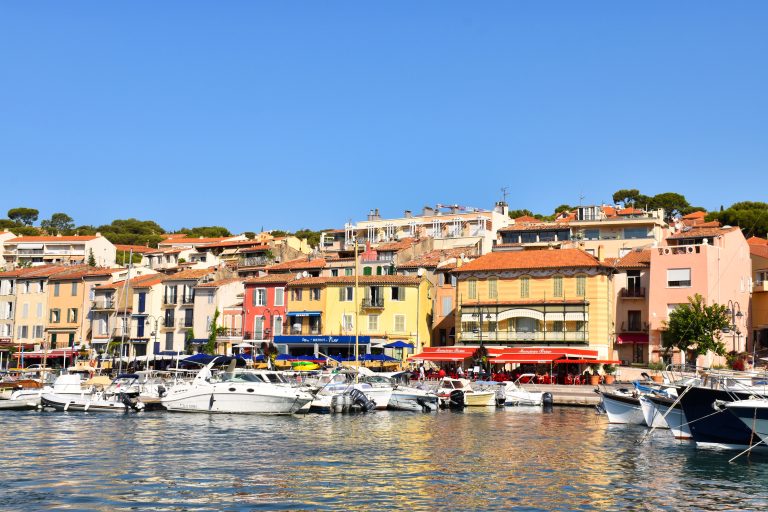 City by the sea with deep blue sky