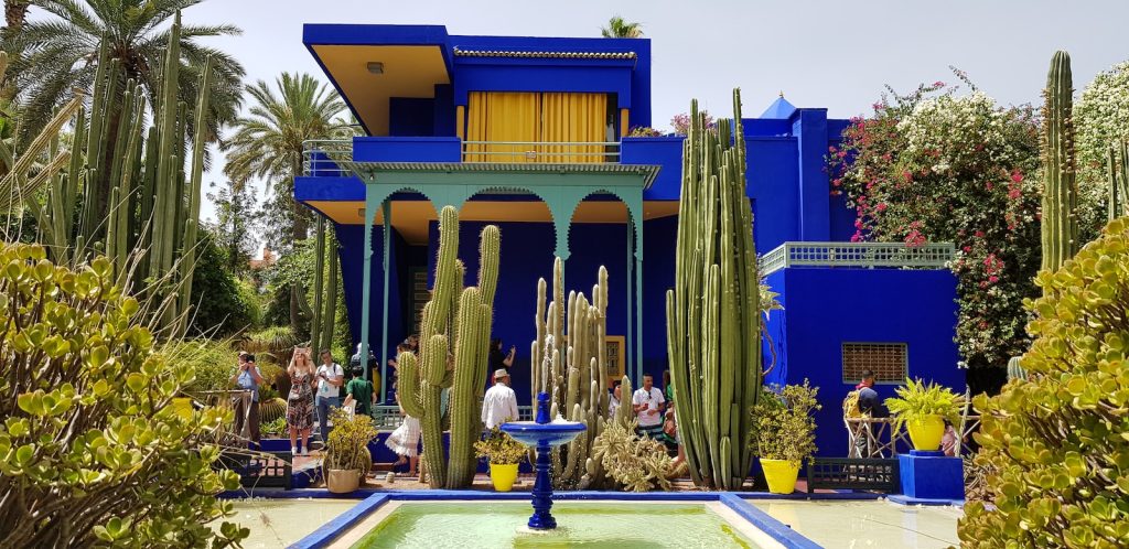 blue concrete house surrounded with trees and plants