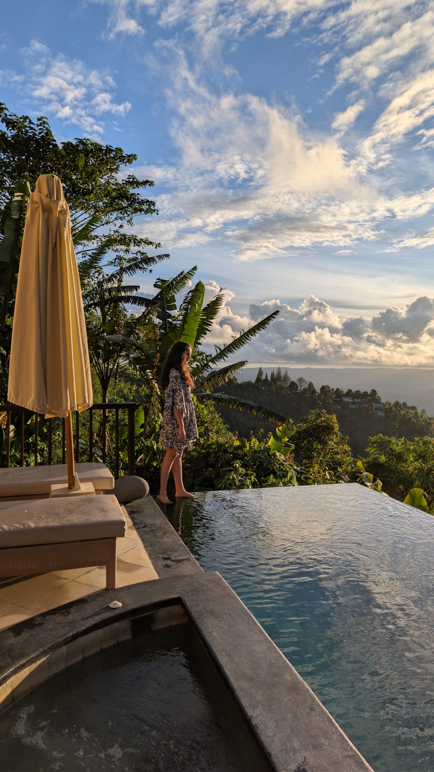 A serene swimming pool surrounded by lush greenery and tropical trees in Munduk Moding Plantation